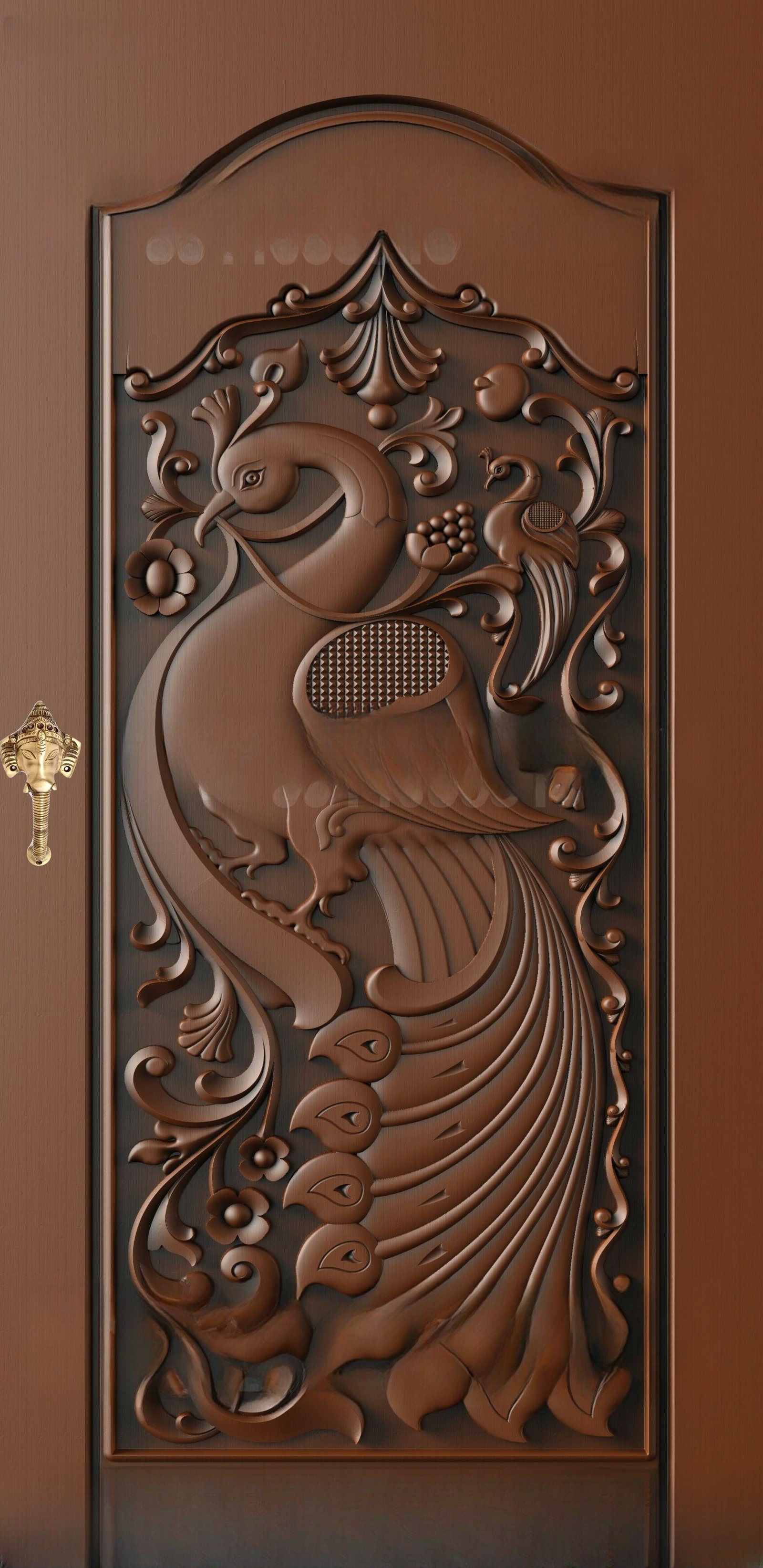 God Doors - GD-20 Intricate Peacock Motif Traditional Wood Carving 3D Model